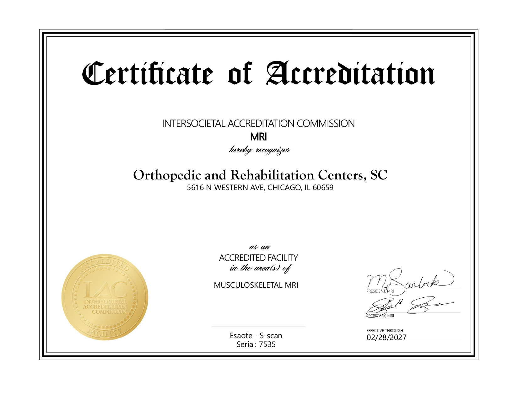 IAC MRI Certificate